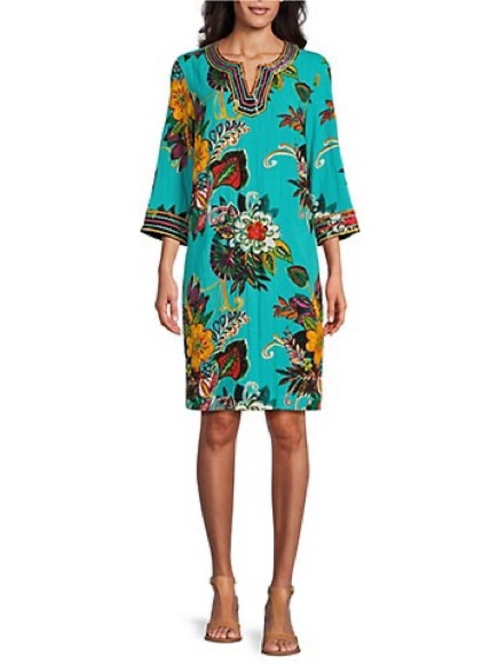 John Mark Floral Embroidered V-Neck Tunic Shift Dress